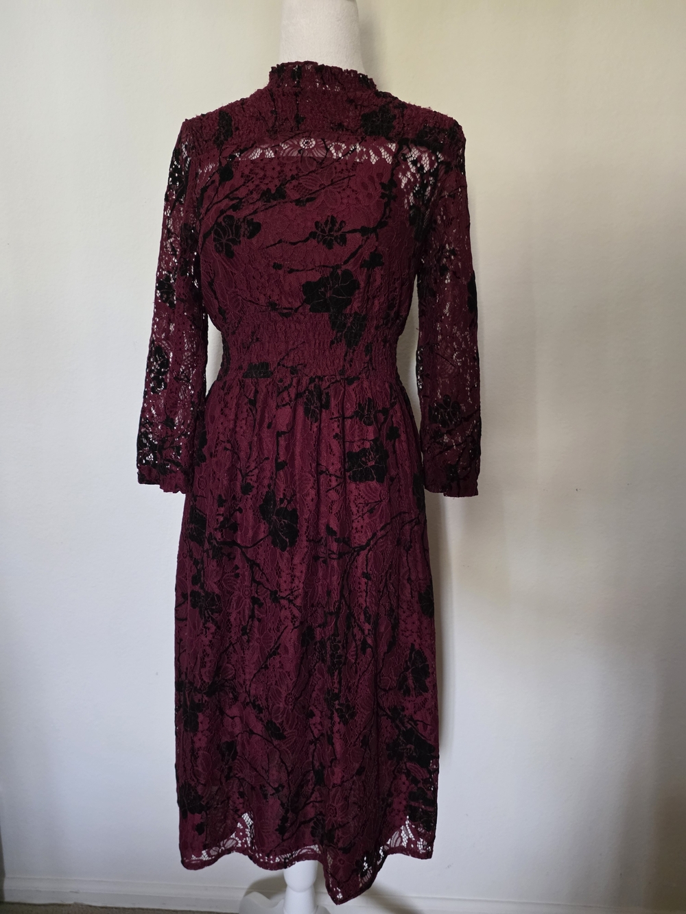 Modcloth Burgundy Lace Midi Dress with Black Floral Burnout Size Small